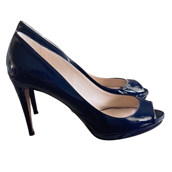 Prada Navy Blue Patent Peep Toe Heels Shoes Sz 40 - Picture 4 of 9
